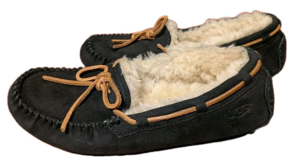 UGG Ascot Women's Suede Shearling Lined Slippers Black Size 7 Moc Toe